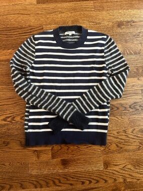 Madewell Navy and White Striped Crewneck with Fuzzy Gray Sleeves